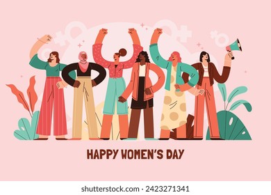 International Women's Day Background. Happy Women's Day celebration. March 8. Cartoon Vector illustration design for Poster, Banner, Flyer, Greeting, Card, Cover, Post, Invitation. happy women day.