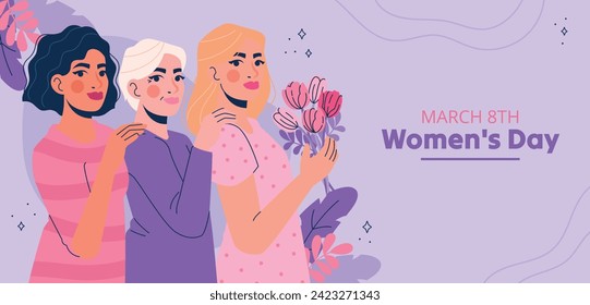 International Women's Day Background. Happy Women's Day celebration. March 8. Cartoon Vector illustration design for Poster, Banner, Flyer, Greeting, Card, Cover, Post, Invitation. happy women day.