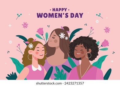 International Women's Day Background. Happy Women's Day celebration. March 8. Cartoon Vector illustration design for Poster, Banner, Flyer, Greeting, Card, Cover, Post, Invitation. happy women day.