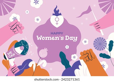 International Women's Day Background. Happy Women's Day celebration. March 8. Cartoon Vector illustration design for Poster, Banner, Flyer, Greeting, Card, Cover, Post, Invitation. happy women day.