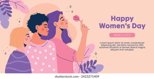International Women's Day Background. Happy Women's Day celebration. March 8. Cartoon Vector illustration design for Poster, Banner, Flyer, Greeting, Card, Cover, Post, Invitation. happy women day.
