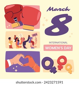 International Women's Day Background. Happy Women's Day celebration. March 8. Cartoon Vector illustration design for Poster, Banner, Flyer, Greeting, Card, Cover, Post, Invitation. happy women day.