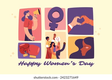 International Women's Day Background. Happy Women's Day celebration. March 8. Cartoon Vector illustration design for Poster, Banner, Flyer, Greeting, Card, Cover, Post, Invitation. happy women day.