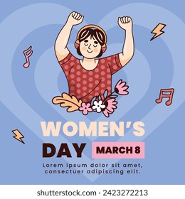 International Women's Day Background. Happy Women's Day celebration. March 8. Cartoon Vector illustration design for Poster, Banner, Flyer, Greeting, Card, Cover, Post, Invitation. happy women day.