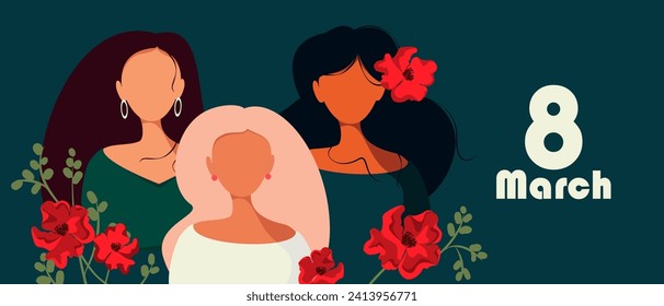 International Women's Day. Background for March 8th with women and red flowers. Vector illustration.