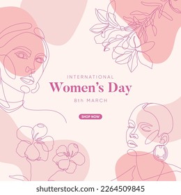 International Women's Day background. Minimal boho and line art composition. Vector illustration.