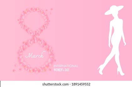 International women's day background with paper cut pink text 8 with small hearts and a confident girl of Vector