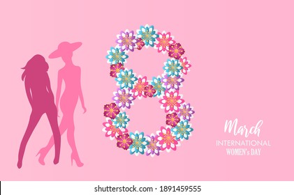 International women's day background with paper cut follower of 8 and a two confident girls of Vector