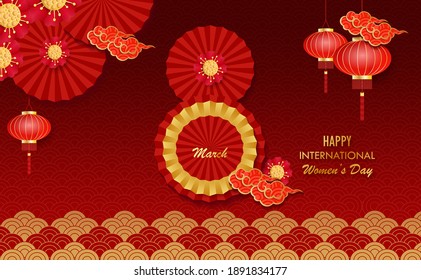 International women's day background with paper cut follower of 8 with asian element style on red background of Vector.