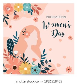 International women's day background. Sale banner template. Vector illustration. Girl with floral.