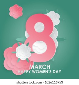 International Women's Day Background vector. 8th of March with number eight and flower decoration. Paper art and digital craft style.