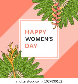 International Women's Day background vector. 8 March pink floral banner. Modern spring design with tropical flowers.