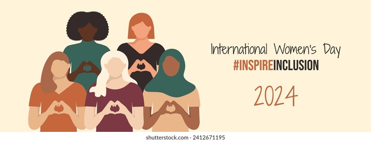 Cartel del Día Internacional de la Mujer 2024. IWD InspireEl diseño horizontal de Inclusión con chicas muestra la forma del corazón con sus manos. Inspirar la campaña social de inclusión. Mujeres variadas al estilo sin rostro.