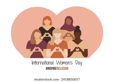 Cartel del Día Internacional de la Mujer 2024. IWD InspireEl diseño horizontal de Inclusión con chicas muestra la forma del corazón con sus manos. Inspirar la campaña social de inclusión. Mujeres variadas al estilo sin rostro.