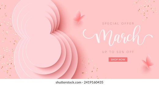 International Women's Day banner. 8 number 3d illustration. Happy Mother's Day. Eps10 vector illustration with place for your text.