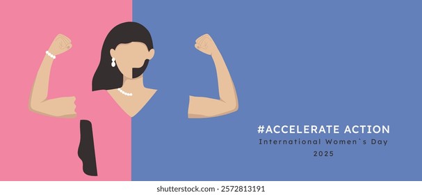 International Women's Day banner of Accelerate Action 2025. Minimalist illustration with AccelerateAction slogan and girl identify as he she they. Pose of hands strength for 8 March IWD.