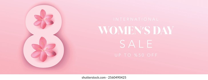 International Women's Day banner background for flyer, brochure, voucher, coupon, greeting card, invitation. 8 March Realistic 3d flowers vector illustration for website, sale, promo, discount