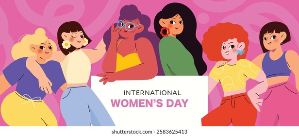 International Women's Day banner background vector. 8 March posters diverse women show solidarity and support to stop discrimination. Women empowerment movement Design for, campaign, event.