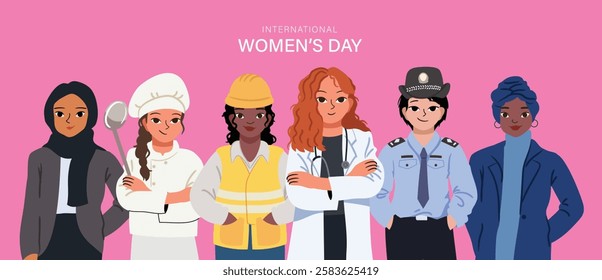 International Women's Day banner background vector. 8 March posters diverse women show solidarity, different career, doctor, police, engineer. Women empowerment movement Design for, campaign, event.