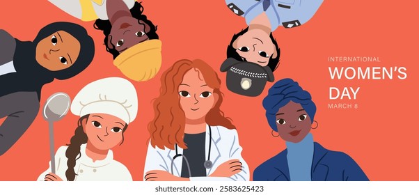 International Women's Day banner background vector. 8 March posters diverse women show solidarity, different career, doctor, police, engineer. Women empowerment movement Design for, campaign, event.