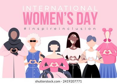 International Women's Day banner, backround, poster. Inspire inclusion 2024 campaign. Group of women of different ethnicity, age, body type, hair color vector illustration in flat style.