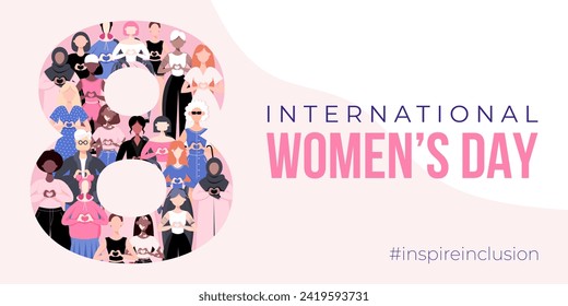 International Women's Day banner, backround, poster. Inspire inclusion 2024 campaign. Group of women of different ethnicity, age, body type, hair color vector illustration in flat style.