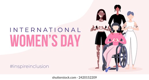 International Women's Day banner, backround, poster. Inspire inclusion 2024 campaign. Group of sportswomen of different ethnicity, age, body type, hair color vector illustration in flat style.