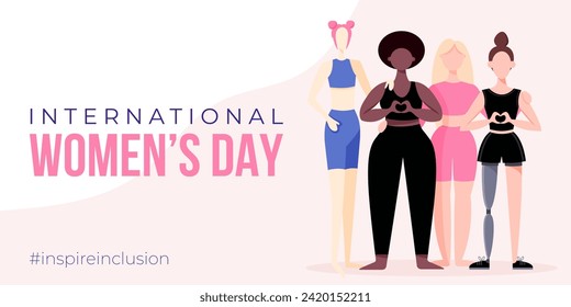International Women's Day banner, backround, poster. Inspire inclusion 2024 campaign. Group of sportswomen of different ethnicity, age, body type, hair color vector illustration in flat style.