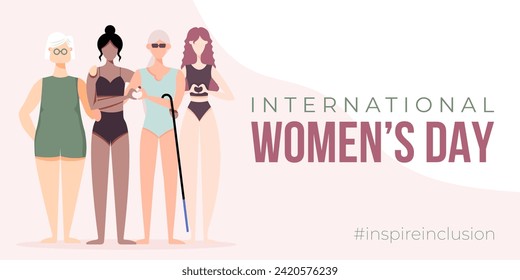 International Women's Day banner, backround, poster. Inspire inclusion 2024 campaign. Group of women of different ethnicity, age, body type, hair color vector illustration in flat style.