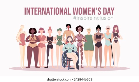 International Women's Day banner, backround, poster. Inspire inclusion 2024. Group of women of different ethnicity, age, body type in underwear vector illustration in flat style. Body positive.
