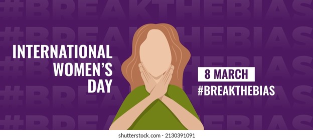 International women's day banner. Break the bias hashtag campaign.