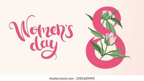 International Women's Day banner Card for March 8 decorating by delicate pink peonies. Trendy Invitation with spring plants, leaves and flowers. Simple floral background. Vector flat illustration.