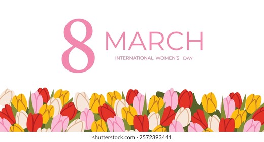 International Women's Day banner with colorful tulips and large pink number 8 on a white background. Perfect for March 8 celebrations, spring promotions, and greeting card designs.