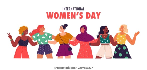 International Women's Day banner concept. Vector cartoon illustration in a flat style of a group of diverse smiling women, standing together and hugging each other. Isolated on white