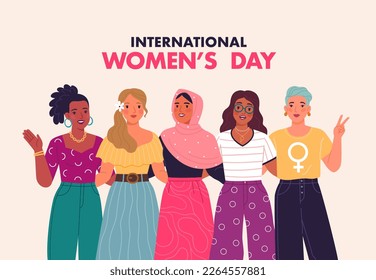 International Women's Day banner concept. Vector illustration in a trendy flat style of five happy smiling diverse young women who stand together in an embrace. Isolated on background