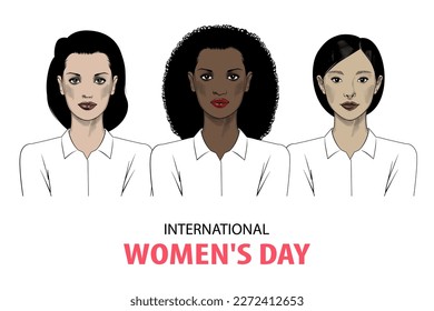 International Women's Day banner concept. Vector flat modern illustration of three business women of different nationalities. Vector illustration. 