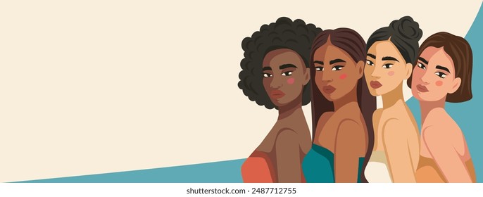 International Women's Day banner concept. Vector flat modern illustration of four women of different nationalities and cultures. Strong women. Movement for gender equality and women's empowerment