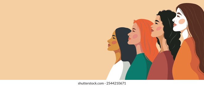 International Women's Day banner concept. Flat style vector illustration, women of different cultures and nationalities standing together in side pose. Concept of gender equality and women empowerment