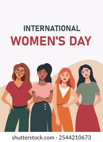 International Women's Day banner concept. Different modern beautiful women standing together. Vector illustration with space for text in flat style, Concept of gender equality and women empowerment