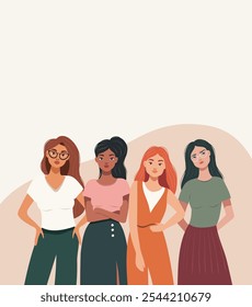 Concepto de Anuncio del Día Internacional de la Mujer. Ilustración vectorial con espacio para texto en estilo plano, diferentes mujeres hermosas modernas que se mantienen juntas. Concepto de igualdad de género y empoderamiento de las mujeres