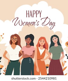 International Women's Day banner concept. Different modern beautiful women standing together. Concept of gender equality and women empowerment movement. Vector illustration with space for text in flat