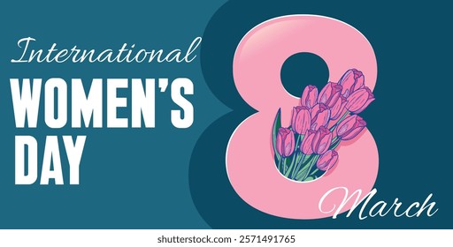 International Womens Day banner concept with Number eight and a bouquet of tulips against a pink background. 8 of March International day feminist movement and defending women rights