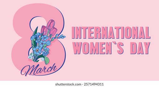 International Womens Day banner concept with Number eight and a bouquet of tulips against a pink background. 8 of March International day feminist movement and defending women rights