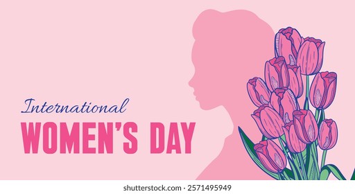 International Women's Day banner concept with silhouette of a young woman and a bouquet of tulips against a pink background. 8 of March International day feminist movement and defending women rights