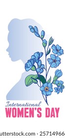 International Womens Day banner concept with silhouette of a young woman and a bouquet of blue flowers against a pink background. 8 of March day of feminist movement and defending women rights.