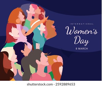 International Women's Day banner concept. Vector modern flat illustration of a silhouette of a female portrait in profile against a background of a pattern of diverse female figures