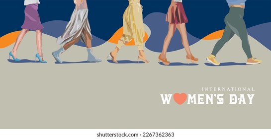 Banner del Día Internacional de la Mujer con espacio para copiar. mostrando las piernas de varias mujeres que están pisando. Concepto moderno para banner, página, antecedentes y otros. 
