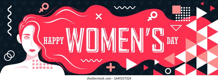 International women's day banner with creative modern retro style design background. Geometric shapes and pink theme to support women empowerment, equal rights. Happy womens day concept for awareness.