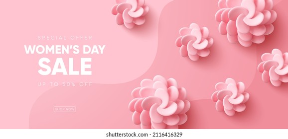 International Women's day banner design. 8 march background with 3d flowers on pink background.