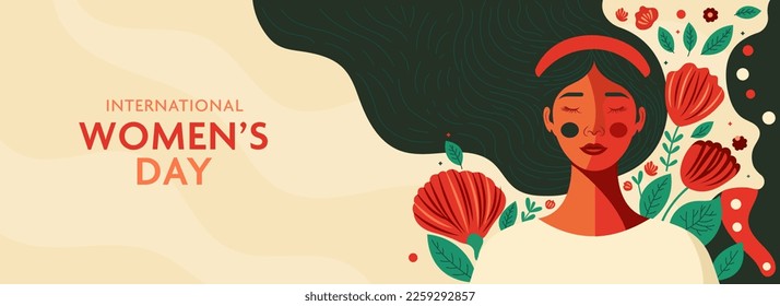 International Women's Day Banner Design With Fashionable Young Girl Character And Open Hair On Floral Decorated Background.